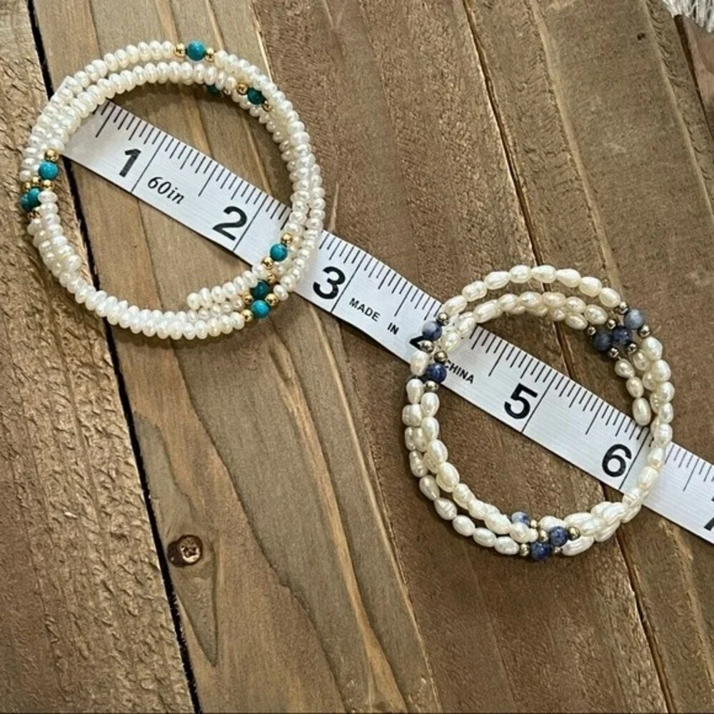 Two Freshwater Pearl Gemstone Memory Wire Bracelet